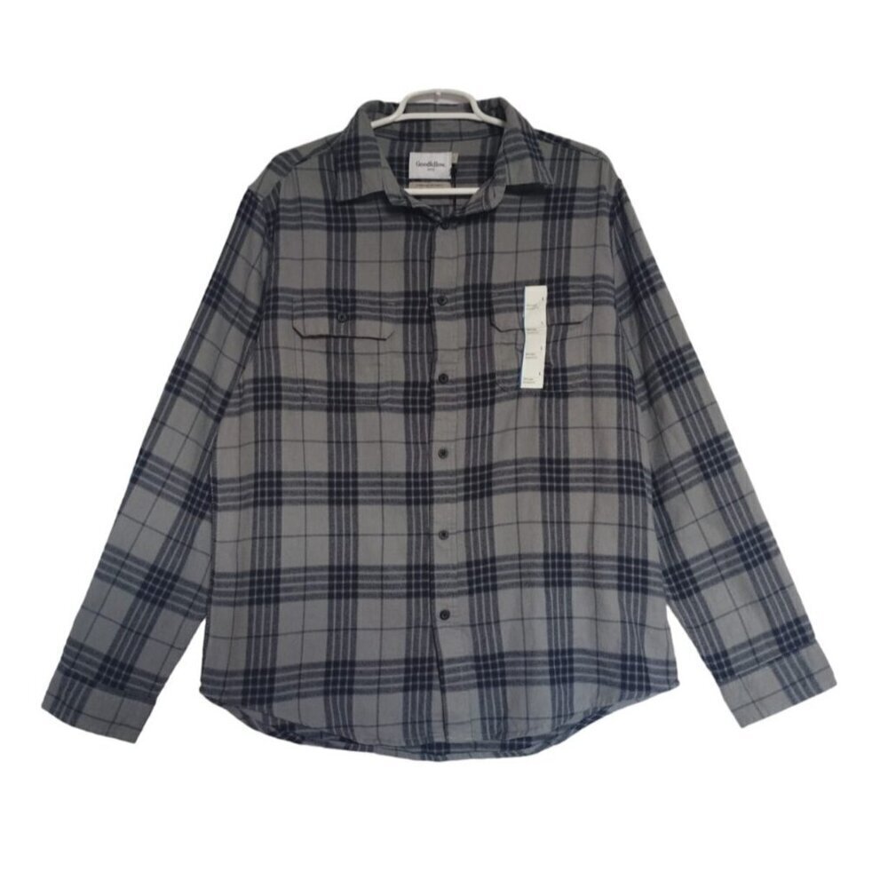 Goodfellow & Co. Mens Plaid Long Sleeve Shirt Gray & Navy Cotton Size M. NWT